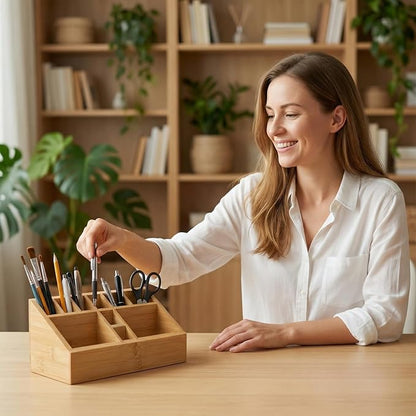 Bamboo Art Supply Organizer, Pen Holder Wooden Desktop Storage for Artists, Office Supplies, Makeup Brushes,Minimalist Desk Accessory for Home Studio, Classroom or Vanity