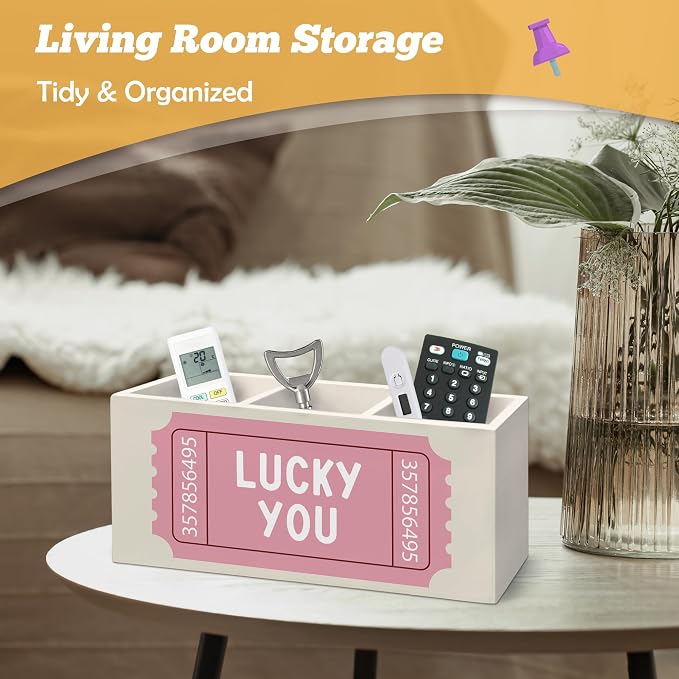 Pink Inspirational Pen Holder Organizer for Desk Accessories, Inspirational Gifts for Women, Retro Trendy Lucky You Motivational Wooden Box Sign Desk Decorations for Girls Office Room Decor