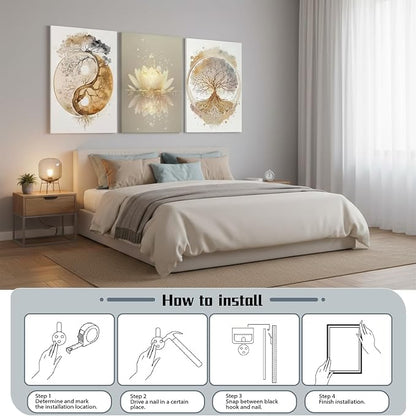 Tree of Life Wall Art Canvas Framed Set of 3 Lotus Zen Wall Decor Painting Poster Abstract YinYang Fall Art Picture Print Artwork for Living Room Yoga Room Bedroom Home Decoration 16x24 inch