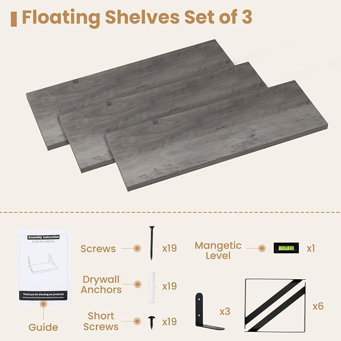 Heimlove Floating Book Shelves for Wall,23.6 Inches Wall Bookshelf Mounted Display&Storage Wood Shelves for Kitchen Bathroom Laundry Living Room,Set of 3,Silver Grey