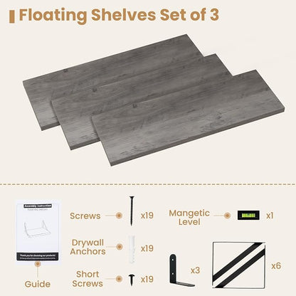 Heimlove Floating Book Shelves for Wall,23.6 Inches Wall Bookshelf Mounted Display&Storage Wood Shelves for Kitchen Bathroom Laundry Living Room,Set of 3,Silver Grey