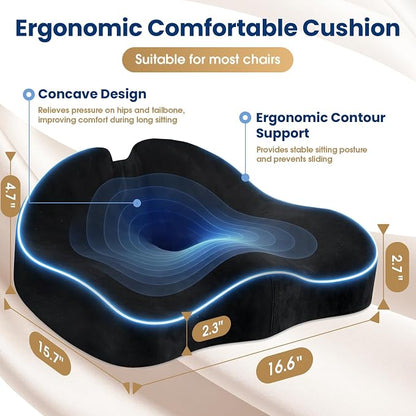 Ergonomic Seat Cushion for Office Chair, Memory Foam Coccyx Cushion for Tailbone Pain Relief, Non-Slip Washable Cover, Pressure Relief Chair Pad for Office, Car, Wheelchair & Home Black