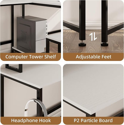 Mexin Double Desk for Two People - 83.7 Inch 2 Person Desk with Storage Shelves and Power Outlets, Home Office Desk with Monitor Stand, Long Gaming Desk, Large Workstation, White