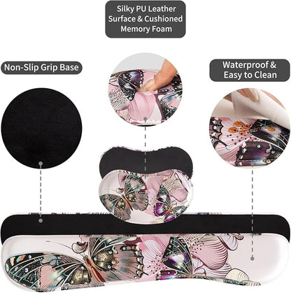 QIYI Leather Desk Mat Set, 4-in-1 Large Mouse Pad with Ergonomic Wrist Rest, Waterproof Desk Pad + Keyboard Wrist Rest + Mouse Wrist Support + Coaster, Non-Slip Office Gaming Accessories, Butterflies