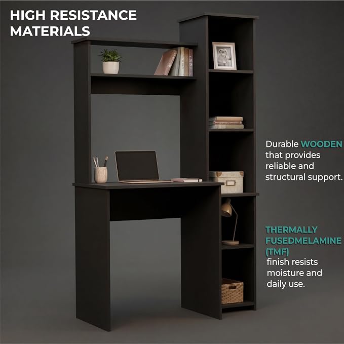 Tuhome Versalles Writing Desk with Two Superior Shelves, Five Side Open Storage Compartments, Space-Saving Modern Workstation Design for Studios and Offices, Ideal for Organization, Books