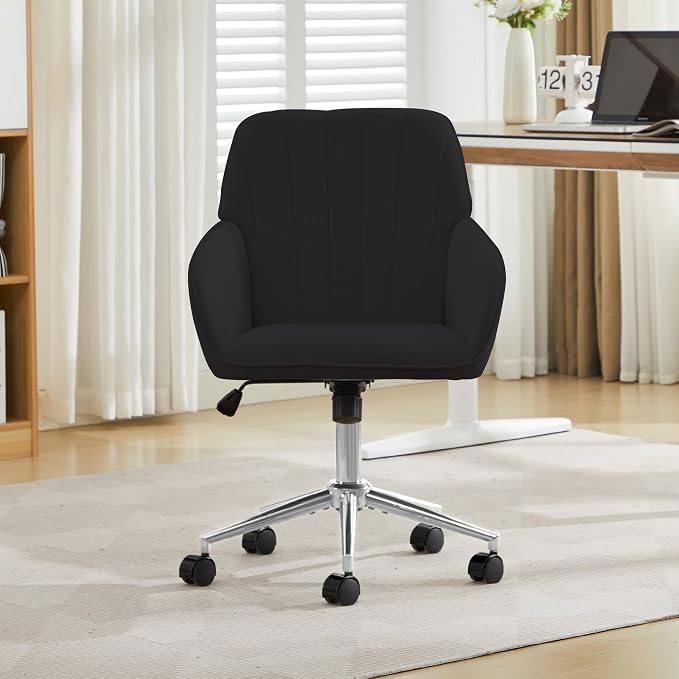 Velvet Home Office Desk Chair, Modern Cute Computer Task Chair with Back, Height Adjustable Upholstered Vanity Chair with Swivel Wheels for Women, Girls (Silver Base, Black