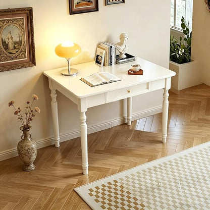 Solid Wooden Desk with Drawers, Small Writing Desk with Drawers for Computer, PC Desk for Work, Study or Gaming, Easy to Assemble (Ivory White, 31.5IN)
