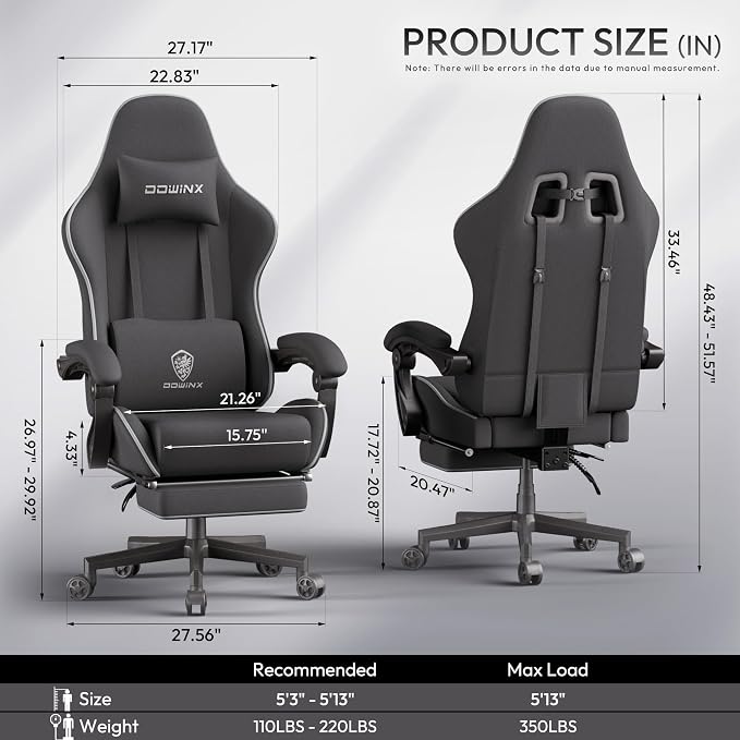 Dowinx Gaming Chair Fabric Big and Tall with Pocket Spring Cushion, Massage Game Chair Cloth with Headrest, Ergonomic Computer Chair with Footrest 350LBS, Black