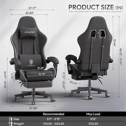 Dowinx Gaming Chair Fabric Big and Tall with Pocket Spring Cushion, Massage Game Chair Cloth with Headrest, Ergonomic Computer Chair with Footrest 350LBS, Black