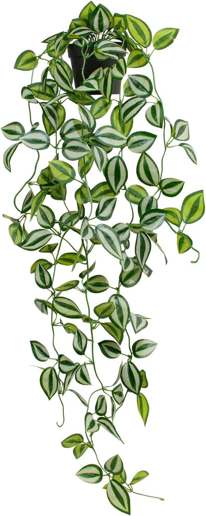 Artificial Plants Indoor Small Potted Hanging Vine plnat 39-in Long Fake Green Eyebrow Leaf Plant Faux Trailing Plant for Home Office Livingroom Desk Shelf Mantle Decoration (Black Pot)