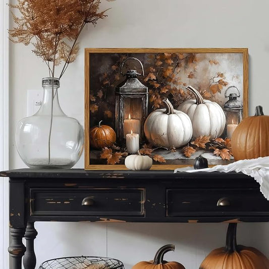 Framed Vintage Fall Pumpkin Canvas Wall Art, Rustic Farmhouse Autumn Paintings Wall Decor, Thanksgiving Pumpkins Pictures Prints Aesthetic Home Decor for Living Room Kitchen Office 12×16 inch