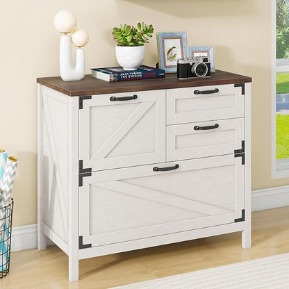 Halitaa Lateral File Cabinet with 4 Drawers Farmhouse File Cabinet for Letter/Legal/A4 Size Hanging Files, Large Wood File Storage Cabinets Printer Stand for Home Office Cabinet, Rustic White