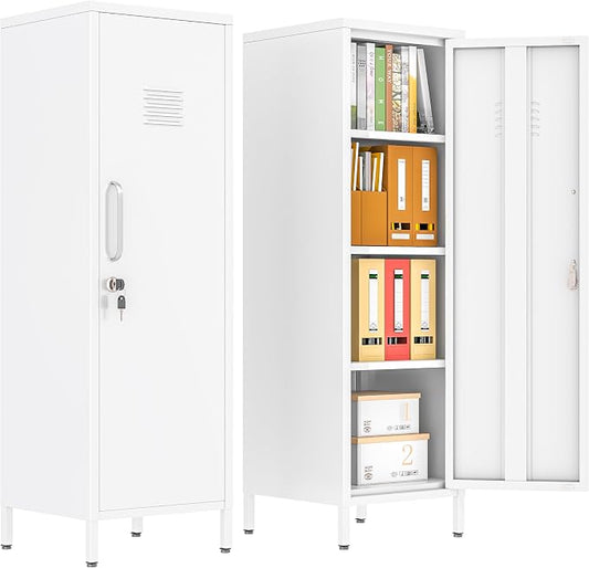 pozdeg 47.24" Metal Storage Locker with Lockable, Employees Metal Steel Locker with 1 Door ＆ 3 Adjustable Shelves, Small Locker Storage Cabinets for Home, School, Office, Gym (White)