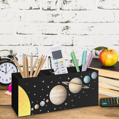 Black Space Themed Bedroom Decor Gift for Kids Men, Outer Space Decor Wooden Pen Pencil Holder for Desk, The Solar System Wood Makeup Brush Toothbrush Holder Organizer for Library Bedroom