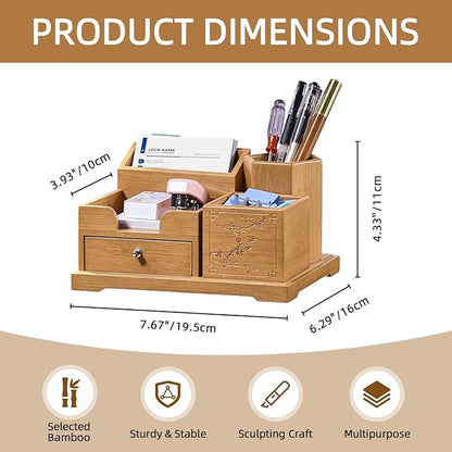 Bamboo Desk Organizer with Drawer, Pen Holder & Business Card Slot, Multi-Compartment Storage Caddy for Office & Home Office, Ideal for Pens, Sticky Notes, Clips, (Bamboo natural)