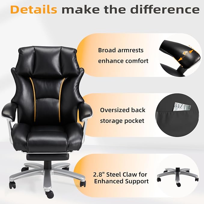 HOMREST Big and Tall Heavy Duty Office Chair 550LBS, Ergonomic Leather Executive Chair with 155° Recline, Large Back Pocket &Footrest, Computer Desk Chair for Heavy People, All Black