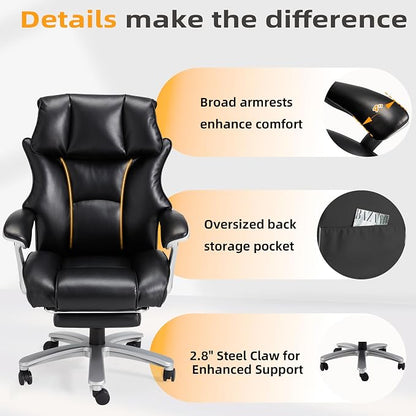 HOMREST Big and Tall Heavy Duty Office Chair 550LBS, Ergonomic Leather Executive Chair with 155° Recline, Large Back Pocket &Footrest, Computer Desk Chair for Heavy People, All Black