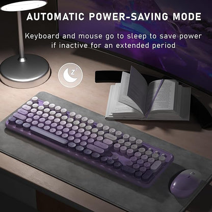 Links9+ Wireless Keyboard and Mouse, Full-Size Retro Typewriter Keyboard with Round Keycaps, 2.4GHz for Windows, Mac, Laptop, PC, Desktop (Purple Gradient)