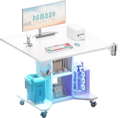 Pamray Small Gaming Desk Rolling Computer Table White | Movable, with Led Lights Power Outlets, with Storage Pegboard and Hook, Sturdy, Suitable for Study Gaming Bedroom Dorm