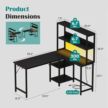 OLIXIS 53 in L Shaped Desk Computer Gaming Desk with Power Outlets & LED Lights, Reversible Corner Home Office Table with Adjustable Shelf & CPU Stand, Black