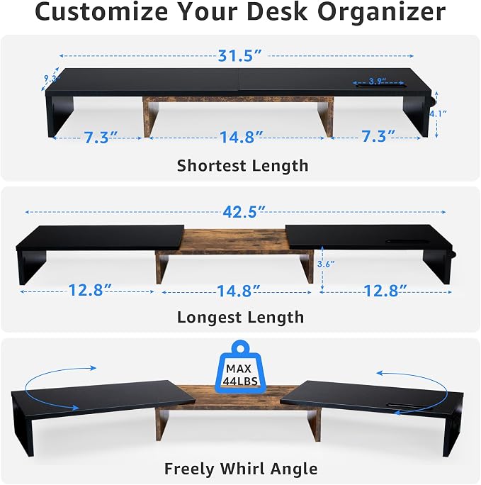 La Jaco Dual Monitor Stand Riser for 2 Monitors, Monitor Stand for Desk, Adjustable Length Swivel Angle Wooden Desktop Organizer Stand Riser with Smartphone Holder for PC Monitor, Rustic Brown