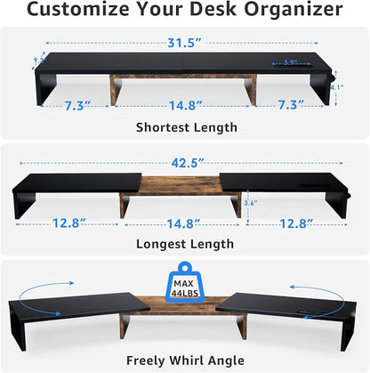 La Jaco Dual Monitor Stand Riser for 2 Monitors, Monitor Stand for Desk, Adjustable Length Swivel Angle Wooden Desktop Organizer Stand Riser with Smartphone Holder for PC Monitor, Rustic Brown