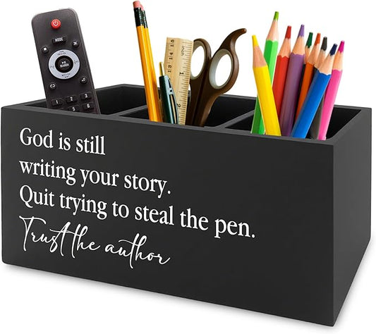 Christian Inspirational Pen Pencil Holder Organizer for Desk, God Is Still Writing Your Story Bible Verse Religious Black Wooden Box Sign for Office Home Desk Tabletop Decorations