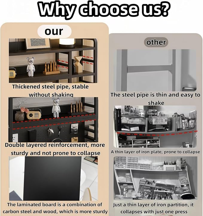 Desktop Bookshelf, pegboard Storage and Organization Rack, Dorm Desk Shelf, Desk Hutch, Desktop Storage for Office, Study, Student Display Rack,Desktop Shelves (Black 53.1" Lx9.9 Wx37 H)