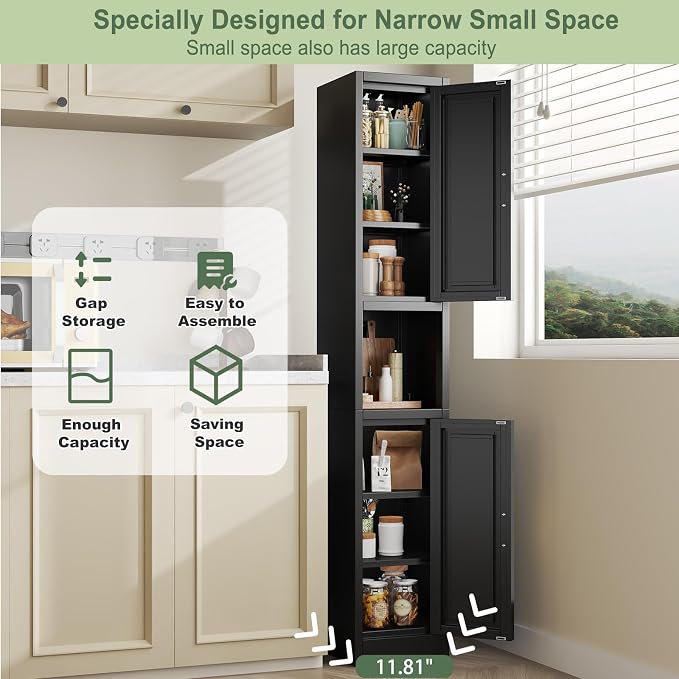 pozdeg 67" Tall Narrow Storage Cabinet Metal Bathroom Cabinet with 2 Doors & 4 Adjustable Shelves, Standing Pantry Cabinets Cupboard for Kitchen, Dining Room, Living Room and Bathroom (Black)