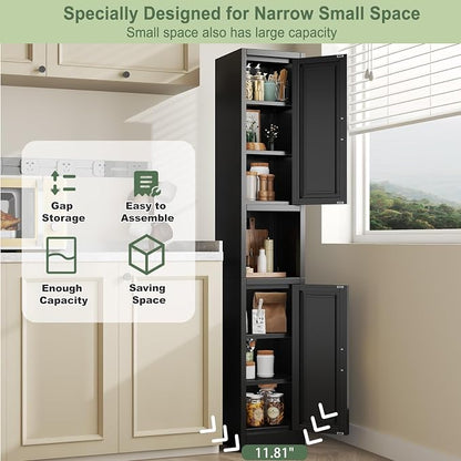 pozdeg 67" Tall Narrow Storage Cabinet Metal Bathroom Cabinet with 2 Doors & 4 Adjustable Shelves, Standing Pantry Cabinets Cupboard for Kitchen, Dining Room, Living Room and Bathroom (Black)