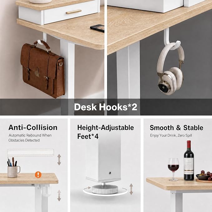 Grandder Electric Standing Desk with Two Drawers, Curved Desktop Sit to Stand Up Height Adjustable Desk with Storage Shelf for Home Office, 47 * 26 Inch, Ergonomic Adjustable Computer Desk, Oak