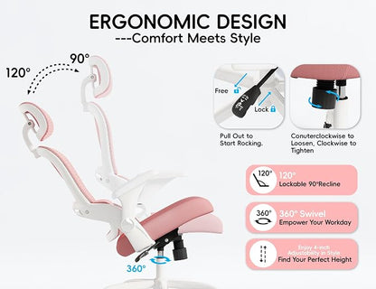 TRALT Office Chair - Ergonomic Office Chair with Back Support, Home Office Desk Chairs, 330lbs Wide Seat Big and Tall Office Chairs with Headrest, Comfy Desk Chairs (Pink)