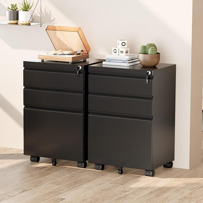 Greenvelly 3 Drawer Mobile File Cabinet with Lock, Fully Assembled Rolling File Cabinet Except Casters, Under Desk File Cabinet with Wheels for Home Office Fit Legal/Letter/A4 File (Assembled, Black)