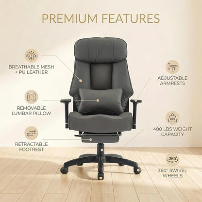 EXCEBET Big and Tall Office Chair 500lbs - 22.4" Extra Wide Seat Ergonomic Executive Chair, Heavy Duty High Back Leather Office Chair with Footrest, Lumbar Support & Adjustable Arm (Grey)