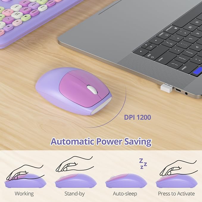 Surmen Cute Purple Keyboard and Mouse Wireless Silent, Full-Size Retro Typewriter Wireless Quiet Slim Colorful Keyboard Low-Noise 2.4GHz for Computer, Desktop, Laptop(6-Purple)