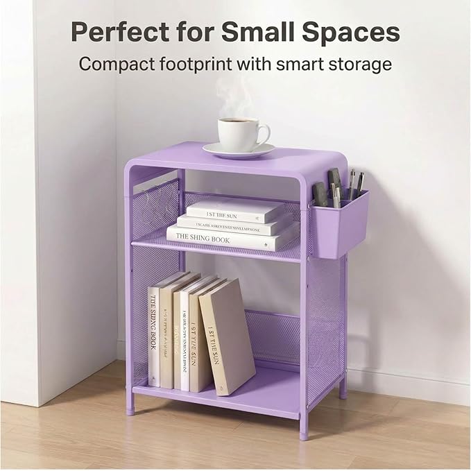 ECOLOVI 3 Tier Printer Stand for Under Desk, Height Adjustable Shelf Small Printer Table with 3 S-Hooks & Basket, Heavy Duty Industrial Storage Shelf for Home Office (Purple Metal)
