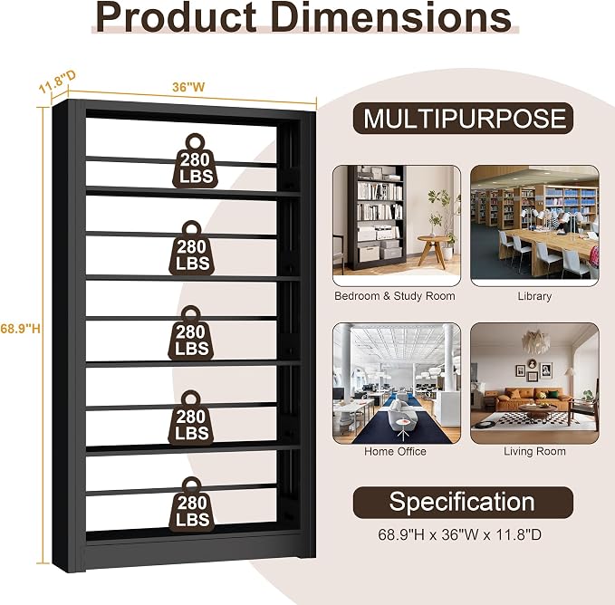 5-Tier Expandable Metal Bookshelf, 69"Heavy Duty Adjustable Shelves(Black) | Large,280LB Load Capacity Each Shelf,Industrial Sturdy Bookshelf,Easy Assembly,Wide/Tall/Deep Bookcase