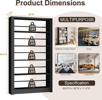 5-Tier Expandable Metal Bookshelf, 69"Heavy Duty Adjustable Shelves(Black) | Large,280LB Load Capacity Each Shelf,Industrial Sturdy Bookshelf,Easy Assembly,Wide/Tall/Deep Bookcase