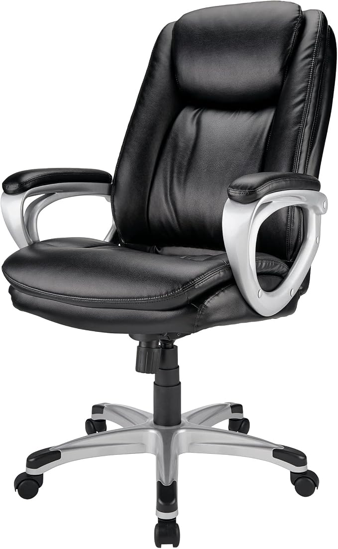 Realspace® Tresswell Bonded Leather High-Back Chair, Black/Silver