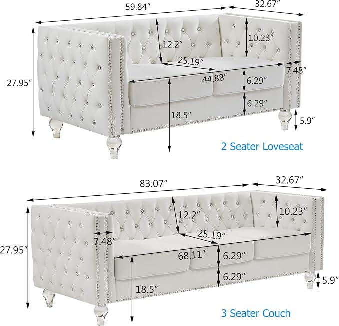 mikibama Velvet Loveseat with Buttons and Square Arms 59 Inch Tufted Sofa with Trimmed Nailhead and Metal Legs Loveseat Couch for Living Room, Bedroom (Beige-Crystal Legs, Loveseat + Sofa)