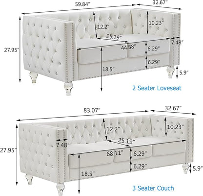 mikibama Velvet Loveseat with Buttons and Square Arms 59 Inch Tufted Sofa with Trimmed Nailhead and Metal Legs Loveseat Couch for Living Room, Bedroom (Beige-Crystal Legs, Loveseat + Sofa)