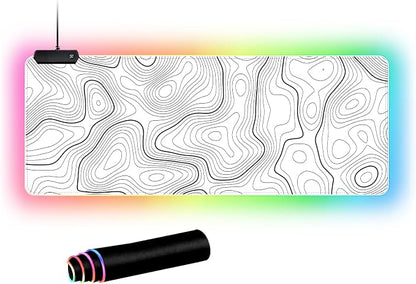 RGB Mouse Pad LED Desk Mat Large Gaming Mousepad White with Black Topographic Line Design, Keyboard Pad XL Mouse Mat for Home and Office(White with Black Topographic Line)