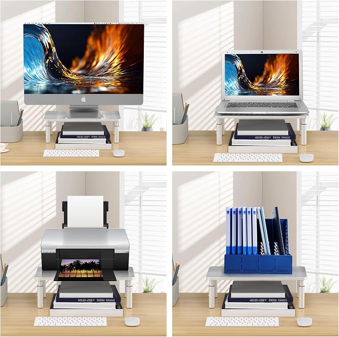 Bracwiser Monitor Stand Riser, Metal Computer Stand, 3 Height Adjustable Screen Riser with Mesh Platform for PS4, Laptop, Printer, Notebook and All Flat Screen, Holds Up to 20KG,White