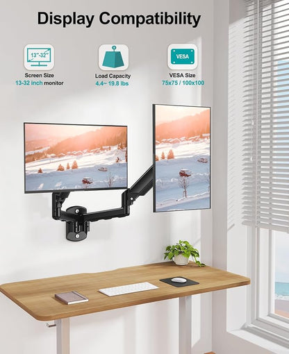MOUNT PRO Dual Monitor Wall Mount for 2 Computer Screen up to 32 Inch, Gas Spring Double Monitor Arm Holds Up to 19.8lbs Each, Full Motion Adjustable Wall Monitor Mount, VESA Mount 75x75/100x100
