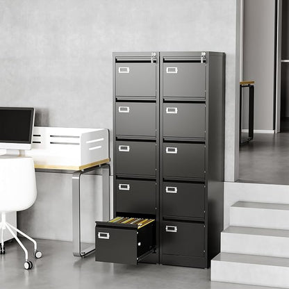 Fesbos File Cabinets - 5 Drawers Vertical 17.8" Deep Lockable Filing Cabinet - Black & Gray Metal Storage Cabinets for Home Office to Hanging Files Letter/Legal/F4/A4 Size