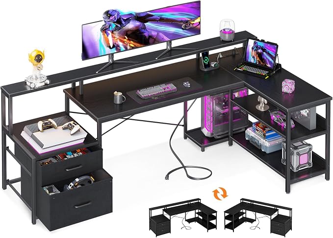 ODK 75" L Shaped Desk with File Drawers, Work from Home Office Desk with Power Outlet, Reversible Computer Desk with Storage Shelves, Gaming Desk with Monitor Shelf, Corner WFM Table, Black