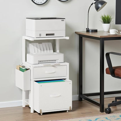HIGDBFE 2-Drawer File Cabinet with Printer Stand & Dual Shelves, White | 2-Tier Printer Storage, Letter File Drawer, Reversible Side Bag, Smooth Drawer Slides, Rolling Support Board