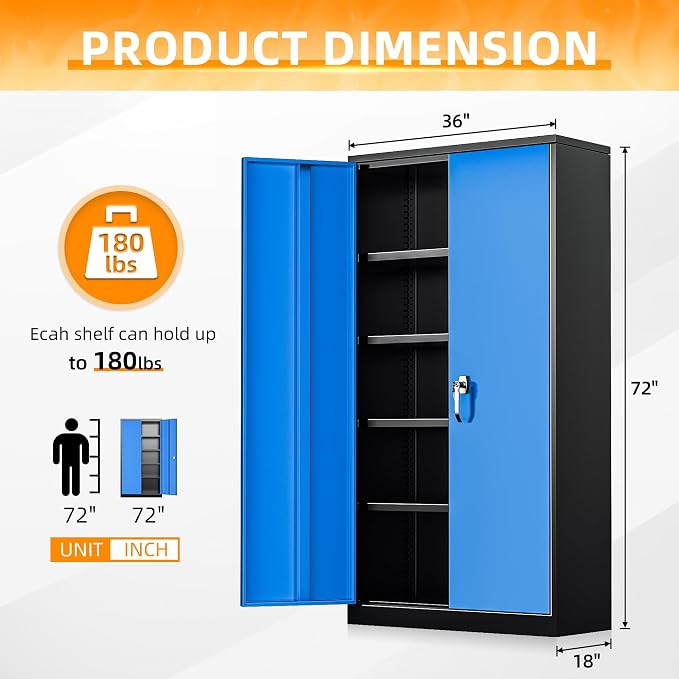 INTERGREAT Metal Storage Cabinet with Lock, 72" H Garage Cabinets with Doors and Adjustable Shelves, Lockable Metal Cabinets for Garage, Home, Office(Black-Blue)