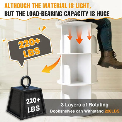 RUNSUNSPRI 3 Tier Rotating Bookshelf Tower Spinning Bookshelf Revolving 360°Bookcase Storage Round Carousel Vertical Rotate Turning Spiral Corner Organizer Lazy Susan White