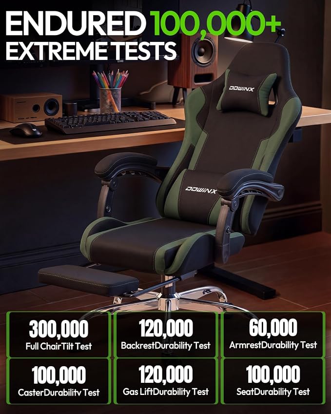 Dowinx Ergonomic Gaming Chair with Footrest & Massage Lumbar, 2D-Linkage Armrests for Computer Chair 330lbs with Headrest Pillow for Office, Home, Streaming and Long Gaming Sessions, Fabric Dark Green